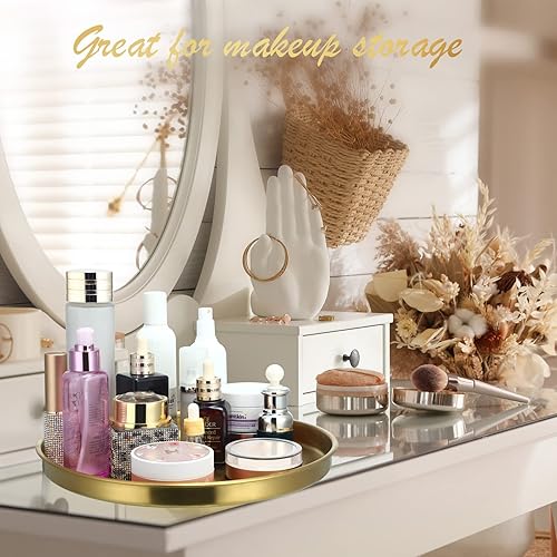 Miniatura 7 de Bandeja redonda dorada de acero inoxidable para mesa de café redonda de 12 pulgadas, bandeja decorativa de tocador, organizador de maquillaje para