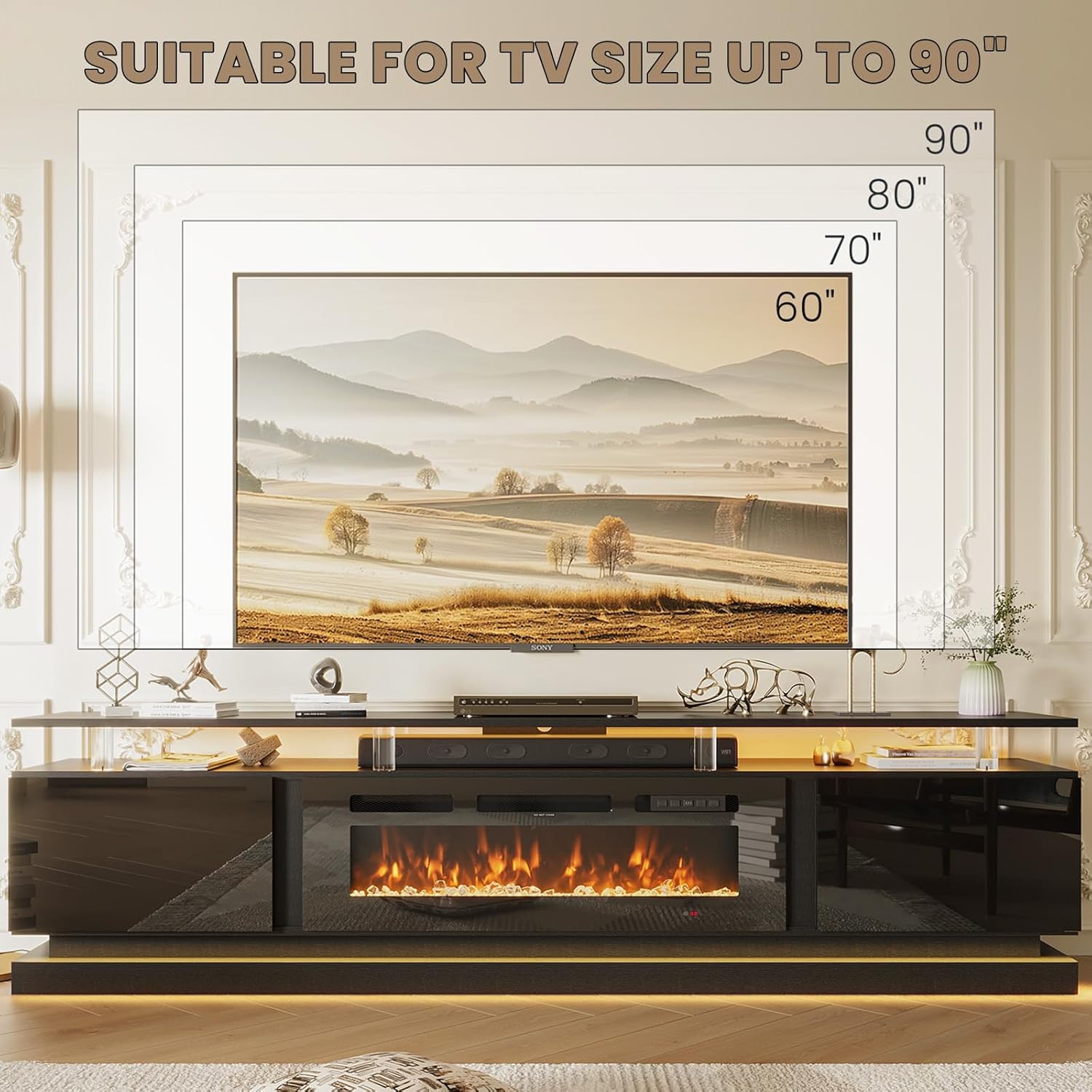 80" Fireplace TV Stand, Modern Entertainment Center for TVs Up to 90", TV Console with Storage Cabinets, Media Console for Living Room, Pure Black TV Stand and Pure Black Fireplace