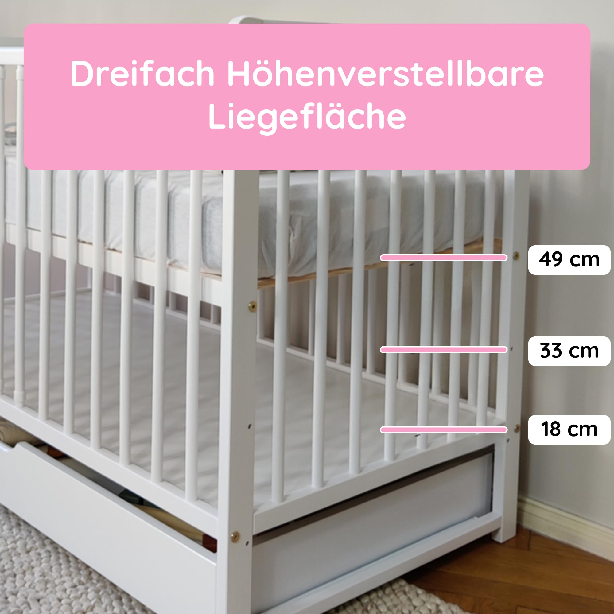 Kids Collective Babybett Kinderbett 60x120 cm Gitterbett Baby Bett Komplett-Set Beistellbett mitwachsend, Lattenrost höhenverstellbar mit abnehmbaren Sprossen, mit Schublade | Kiefer-Vollholz | weiß