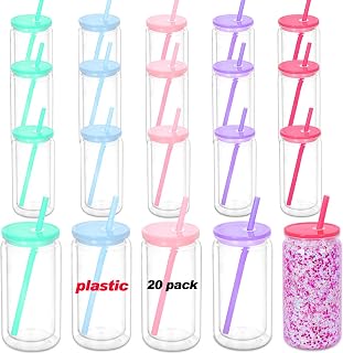 16 Oz Acrylic Snowglobe Tumbler, 20 Pack Pre-Drilled Double Wall Plastic Clear Cup for Glitter Snow Globe Diy, Double Wall Plastic Snowglobe Cup with Colorful Lid