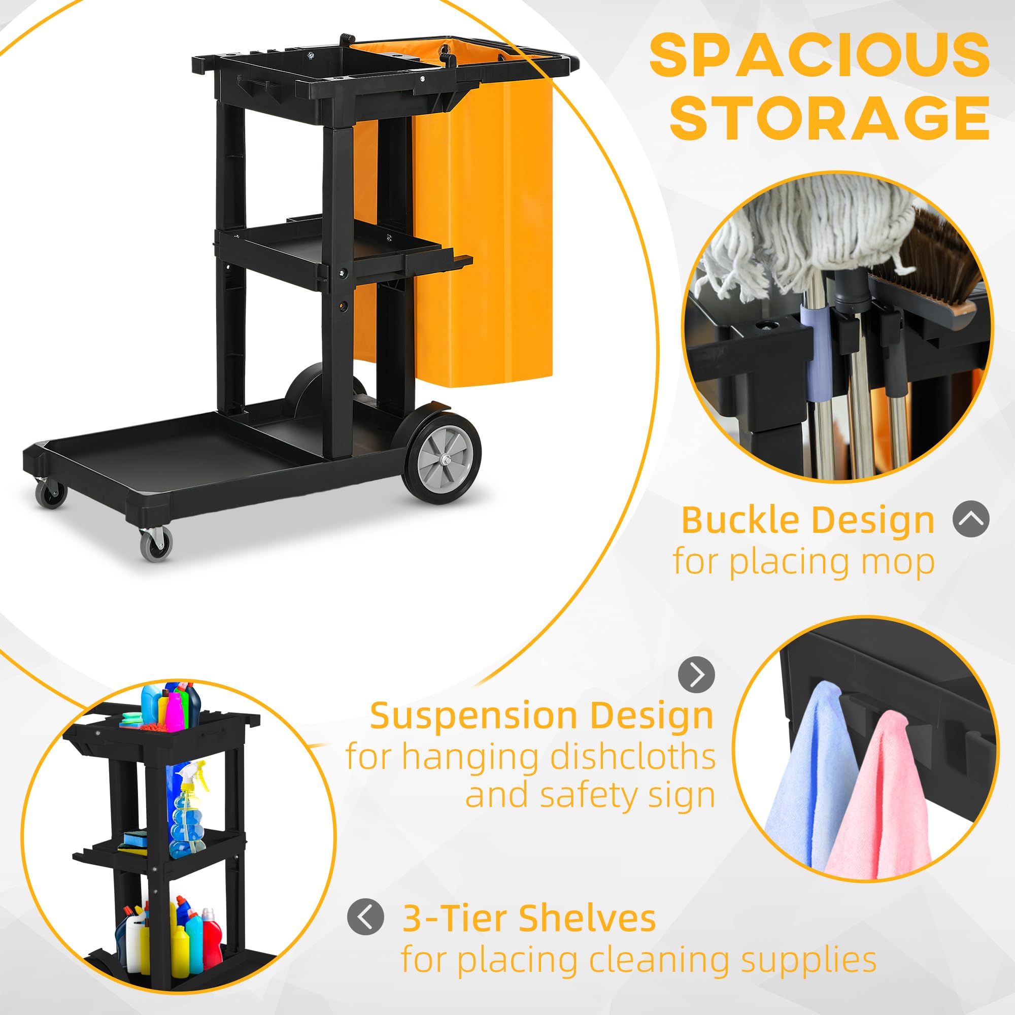 HOMCOM Chariot de Nettoyage Professionnel avec 3 étagères avec Crochets pour Balai et Sac de 100L, Chariot à roulettes en Plastique Polyvalent pour l'hôtel, l'hôtellerie et la Restauration,