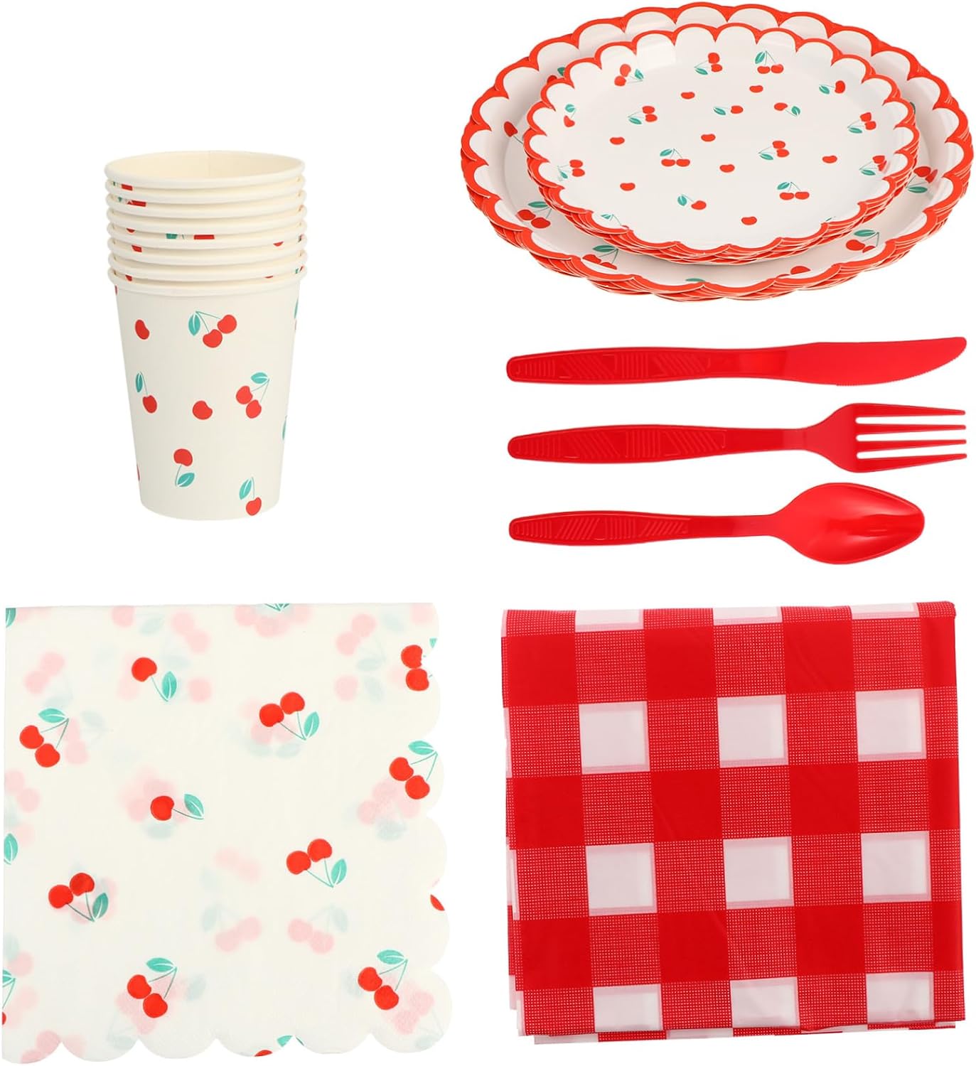 STOBAZA 500 Piece Cherry Themed Party Tableware Set Disposable Plates Cups Napkins for Fruit Pattern Decorations