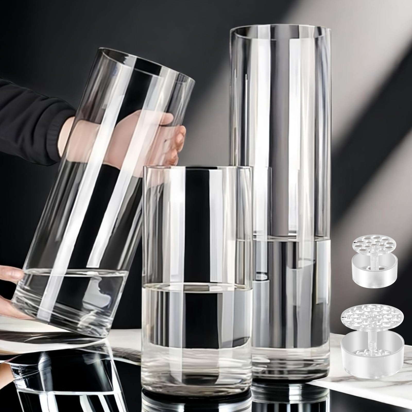 3 Large Acrylic Clear Cylinder Vase Set with 2 Spiral Ikebana Stem Holder Ring, Unbreakable Tall Plastic Hurricane Vases for Wedding Centerpieces Flower Bouquet Decor (3 Vases + 2 Holder)