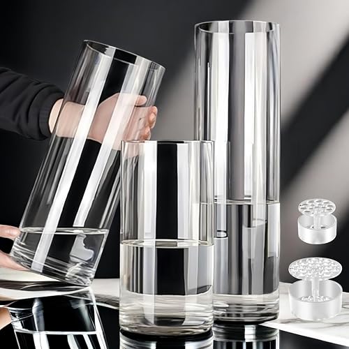 3 Large Acrylic Clear Cylinder Vase Set Unbreakable Plastic Vases | Shatterproof Hurricane Vases with 2 Spiral Ikebana Stem Holder Ring, for Wedding Centerpieces Flower Bouquet Decor ( D4" )