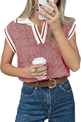 Saodimallsu Womens Short Sleeve Sweater Tops V Neck Polo Shirts Summer Casual Lo