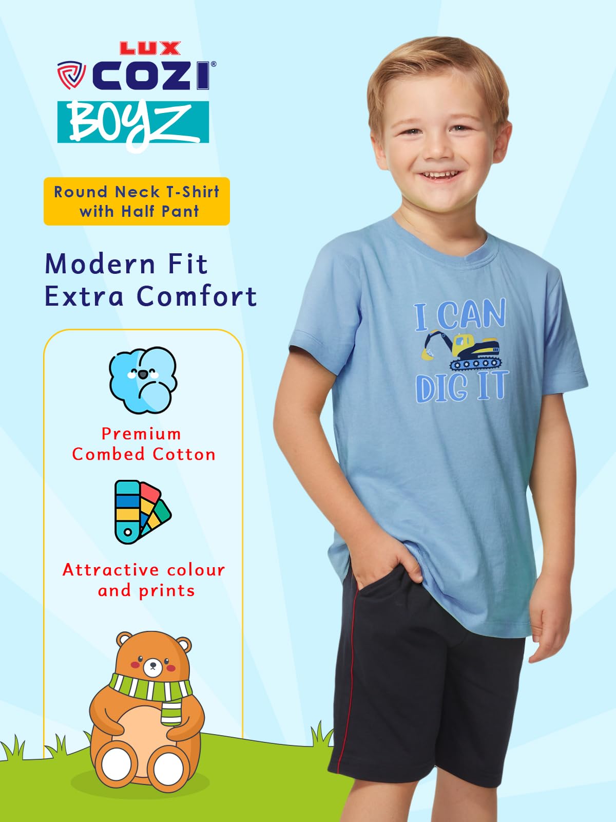 Lux Cozi Set ragazzo in puro cotone, girocollo, mezza manica, maglietta e pantaloni corti, set di maglietta e pantaloncini per ragazzi, le stampe possono variare