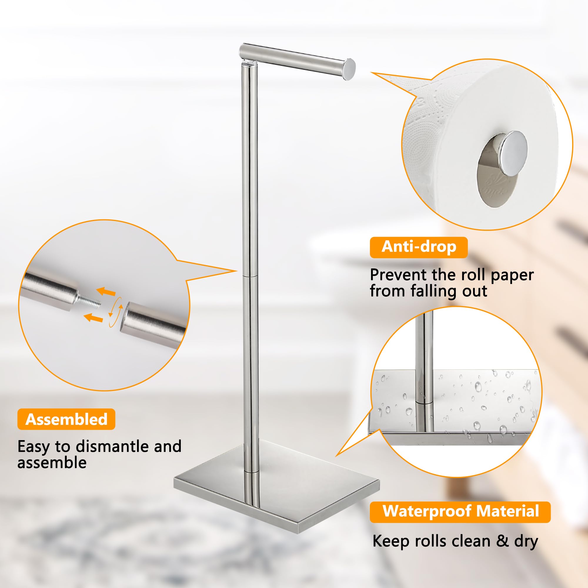 Toilet Paper Holder Stand, Stainless Steel Free Standing Toilet Paper Holder with Reserve for Bathroom, Modern Toilet Paper Stand, Chrome, YOFOVI — Amazon image 5