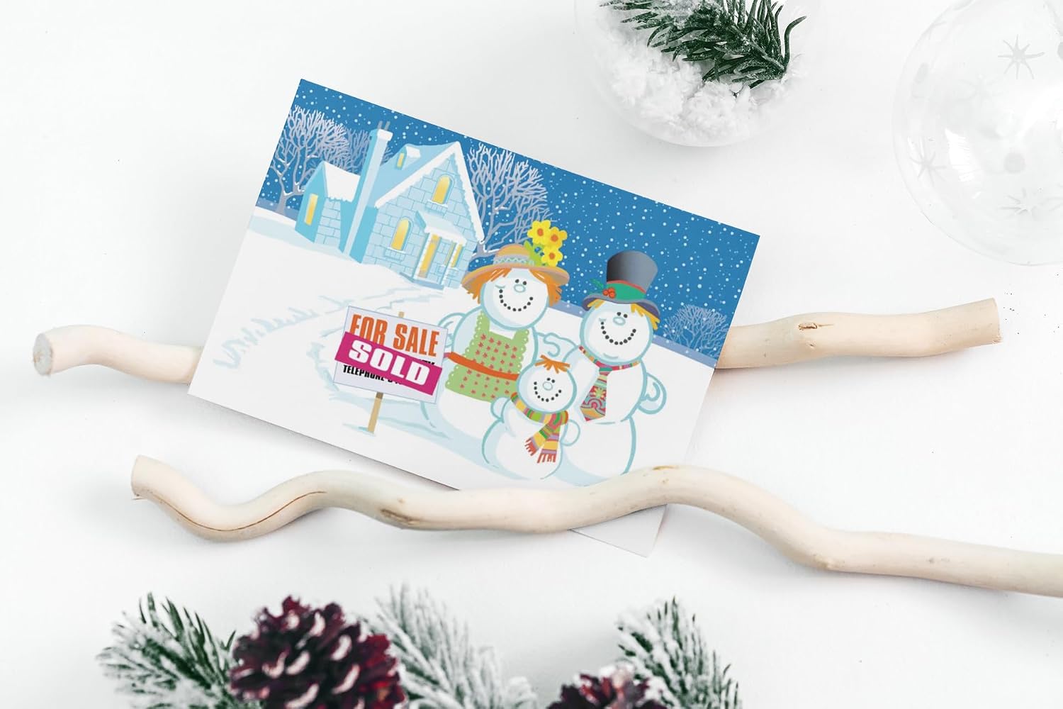 Stonehouse Collection | Personalized Snowman Family Real Estate Holiday Card | 24 Custom House for Sale Cards & Envelopes | USA Made (Personalized)
