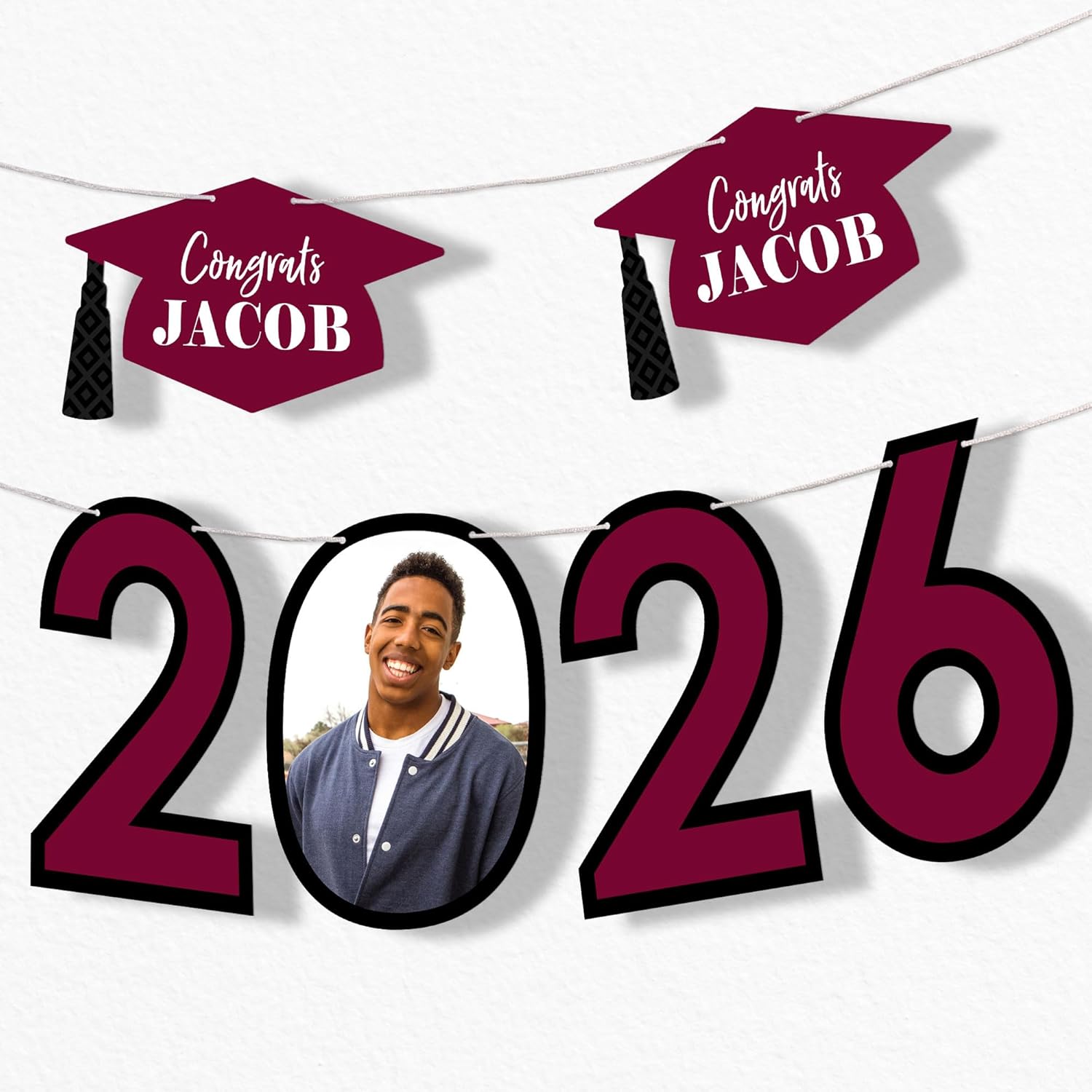 Big Dot of Happiness Maroon 2026 Personalized Graduation Banner with Custom Photo & Name, Customized Class of 2026 Congrats Grad Party Decoration, DIY Letter Banner Garland