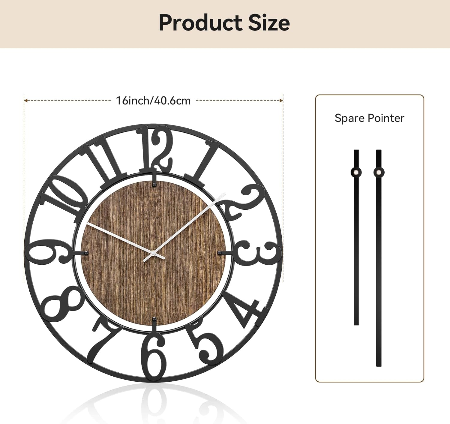 Large Wall Clocks, 16" Black Decorative Wall Clock for Living Room by Battery Operated, Oversized Farmhouse Silent Walls Clock with Metal Arabic Number for Office, Classroom, Bedroom