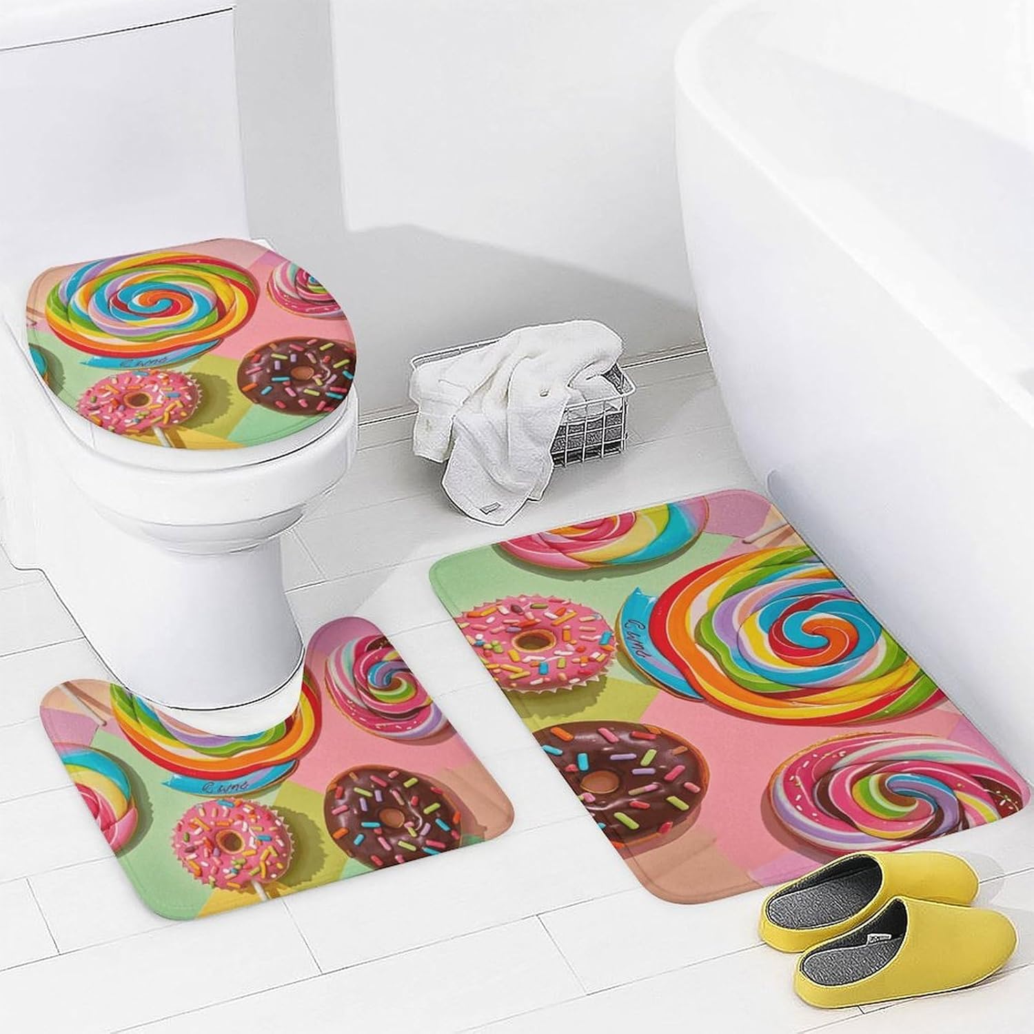 Colorful Sweet Donut Shower Curtain Set 4 Piece, Non-Slip Bath Mat with Toilet Lid Cover and Waterproof Shower Curtain with 12 Hooks, Complete Bathroom Set for Home Decor