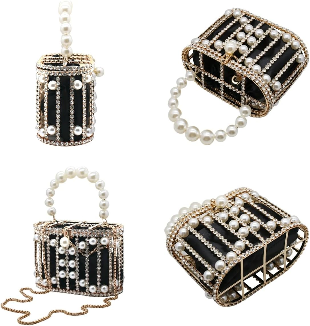 Women Rhinestone Cage Bag Sparkling Hollow Pearl Evening Clutch Glitter Double-layer Detachable Basket Handbag - Image 6