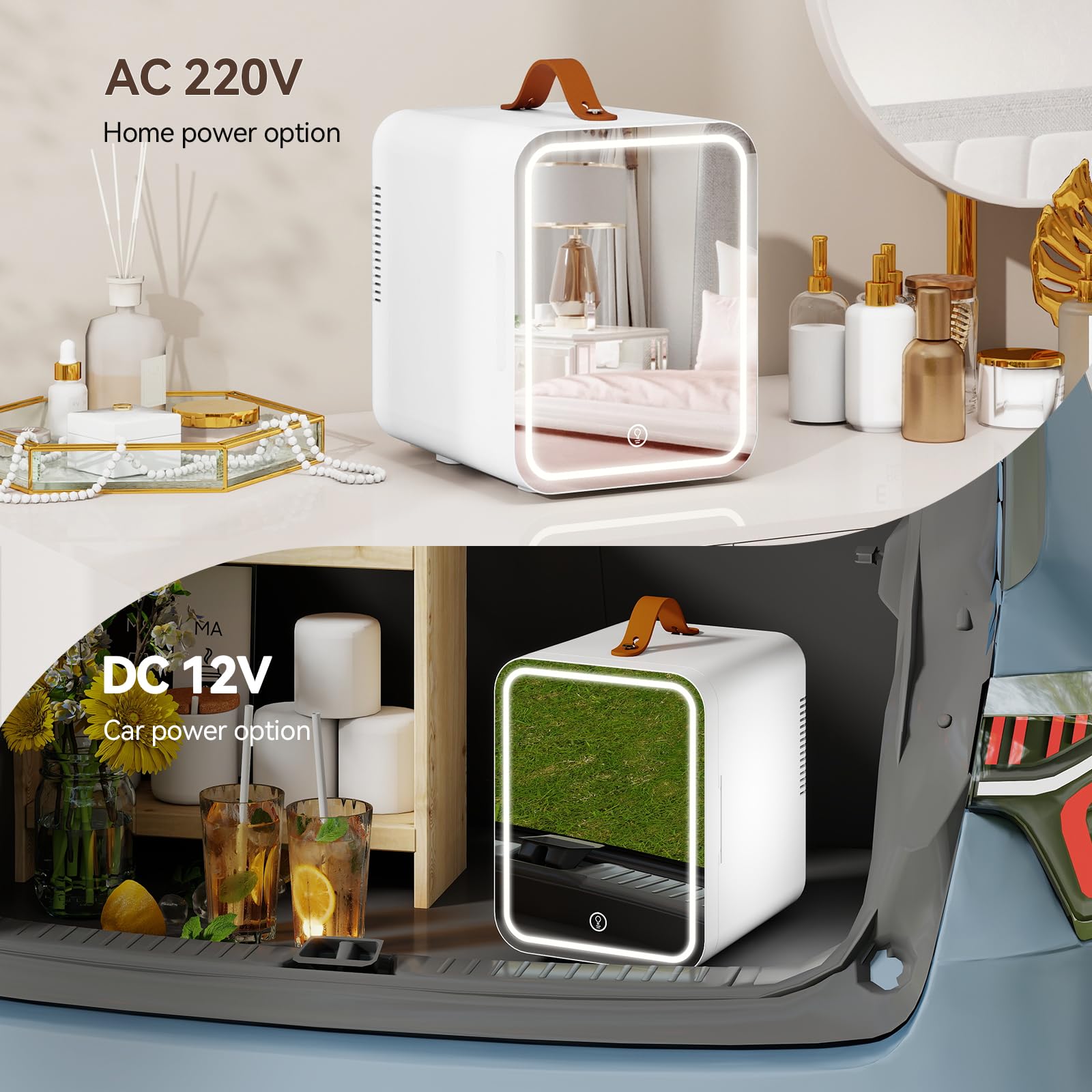 eklipt - 4 Liter Mini Fridge with Dimmable LED Mirror, AC/DC Beauty Fridge with Removable Shelf and Handle, for Makeup and Food, Skincare Fridge for Bedroom, Office, White[Energy Class F] — view 7