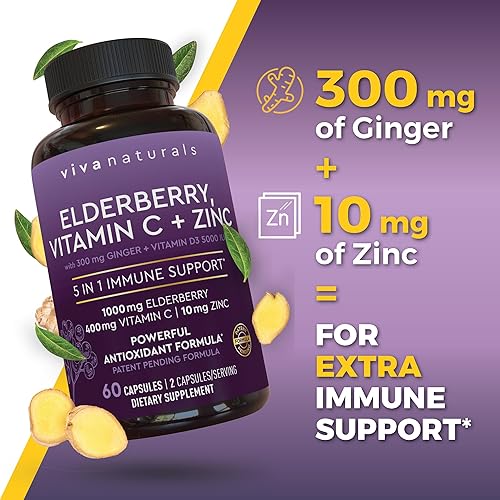 Miniatura 6 de Viva Naturals Sambucus Saúco con zinc y vitamina C para adultos, vitamina D 5000 UI y jengibre, suplemento de apoyo inmunológico, 60 unidades,