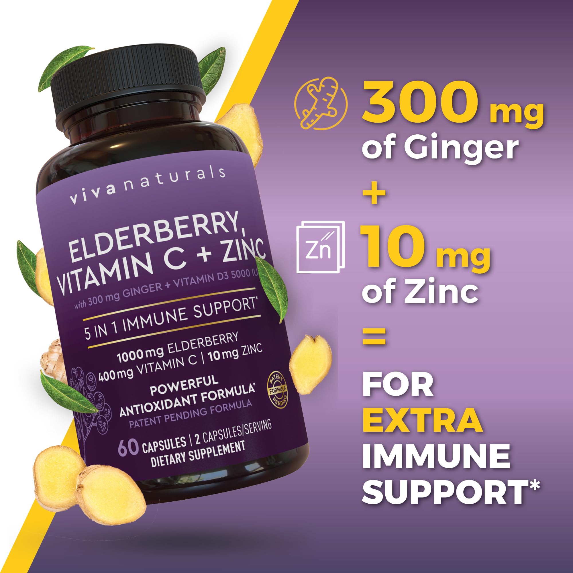 Viva Naturals Black Elderberry 1000mg with Vitamin C, D3 5000 IU & Zinc - 5-in-1 Immune Support Supplement for Adults, Sambucus Elderberry Capsules with Ginger for Men and Women, (60 Capsules) — Amazon image 7