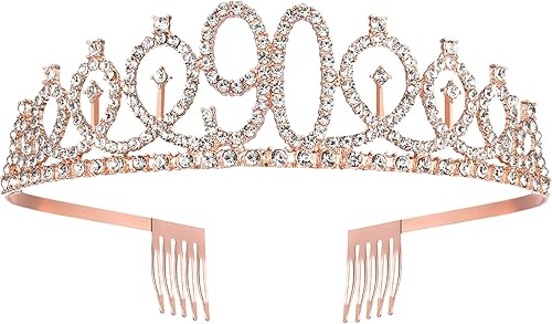 Miniatura 3 de Tiara y banda de cumpleaños número 90 de oro rosa para mujer, fabuloso recuerdo de fiesta de 90