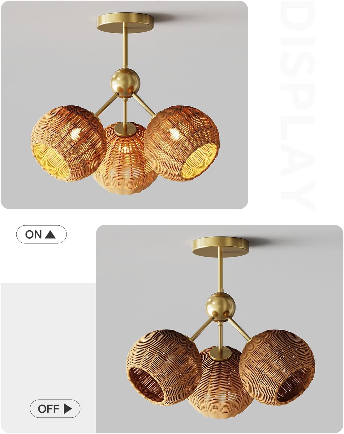 Boho Rattan Ceiling Light, Semi Flush Mount Vintage Ceiling Light Fixture with 3 Lights, Unique Design Gold Flush Mount, E26 Base