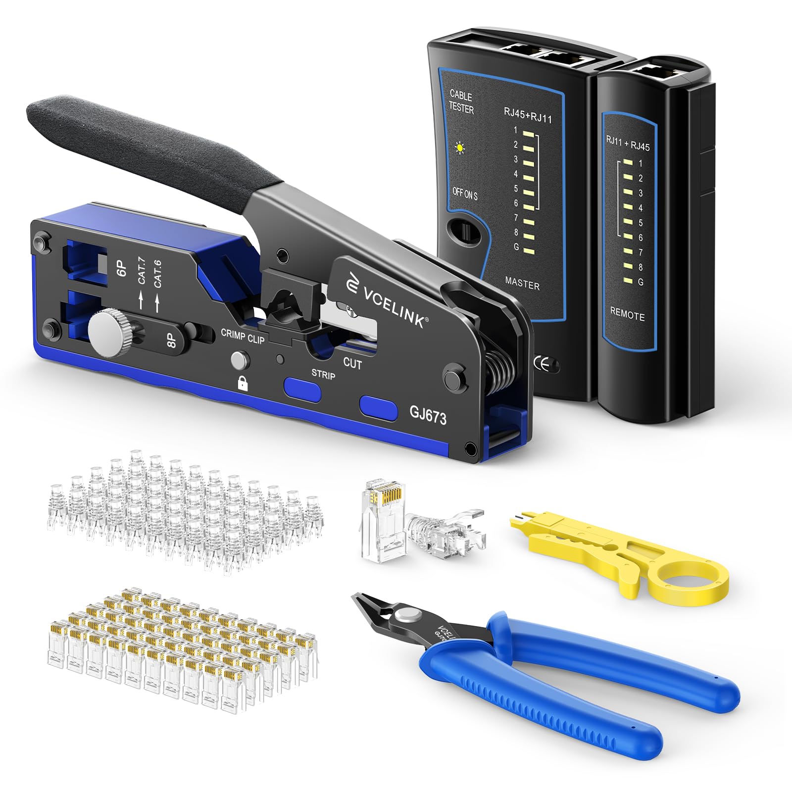 VCELINK Upgraded RJ45 Crimping Tool Kit for CAT7/6A/6/5E/5 with a Pass Through Ethernet Crimper,50 Cat6 RJ45 Connectors & Strain Relief Boots, Cable Tester, Wire Stripper and Cutter