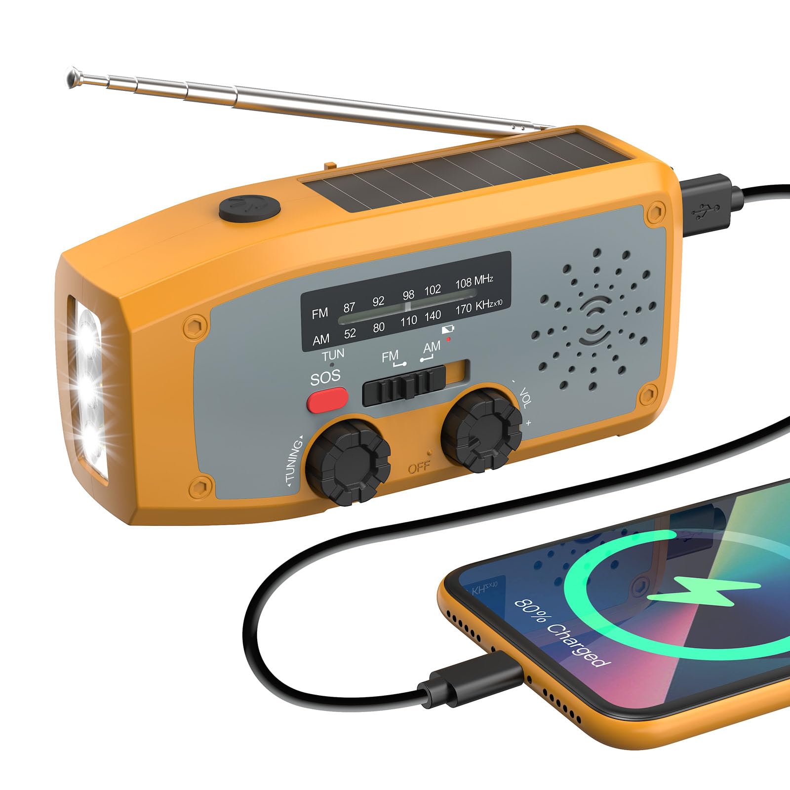 Radio a Manovella, Radio di Emergenza Solare con Torcia a LED, Allerta SOS, AM/FM Radio Solare con Power Bank da 2000 mAh per Campeggio Emergenze, Arancione