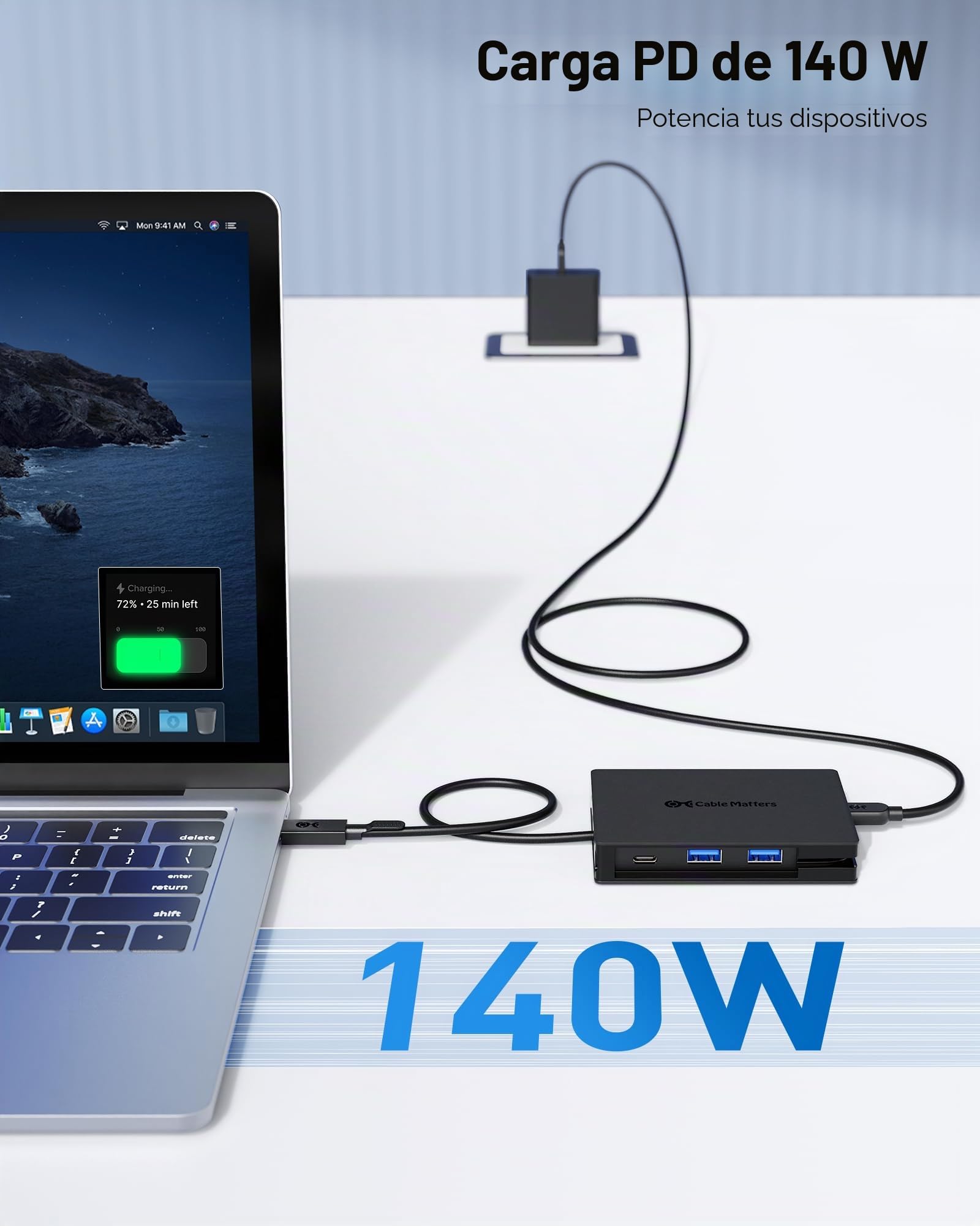 Cable Matters Adaptador USB-C 8 en 1 con Doble HDMI, 4K@60Hz | PD 140 W, Ethernet Gigabit, datos 10 Gbit/s en 3 puertos USB-C/USB-A y 1 puerto USB 2.0