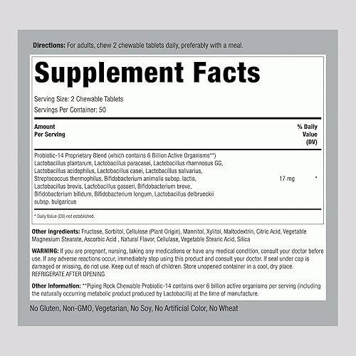 Miniatura 2 de Piping Rock Tabletas probióticas para mujeres y hombres | 17 mg | 100 pastillas masticables | 14 cepas con 6 mil millones de UFC | Suplemento