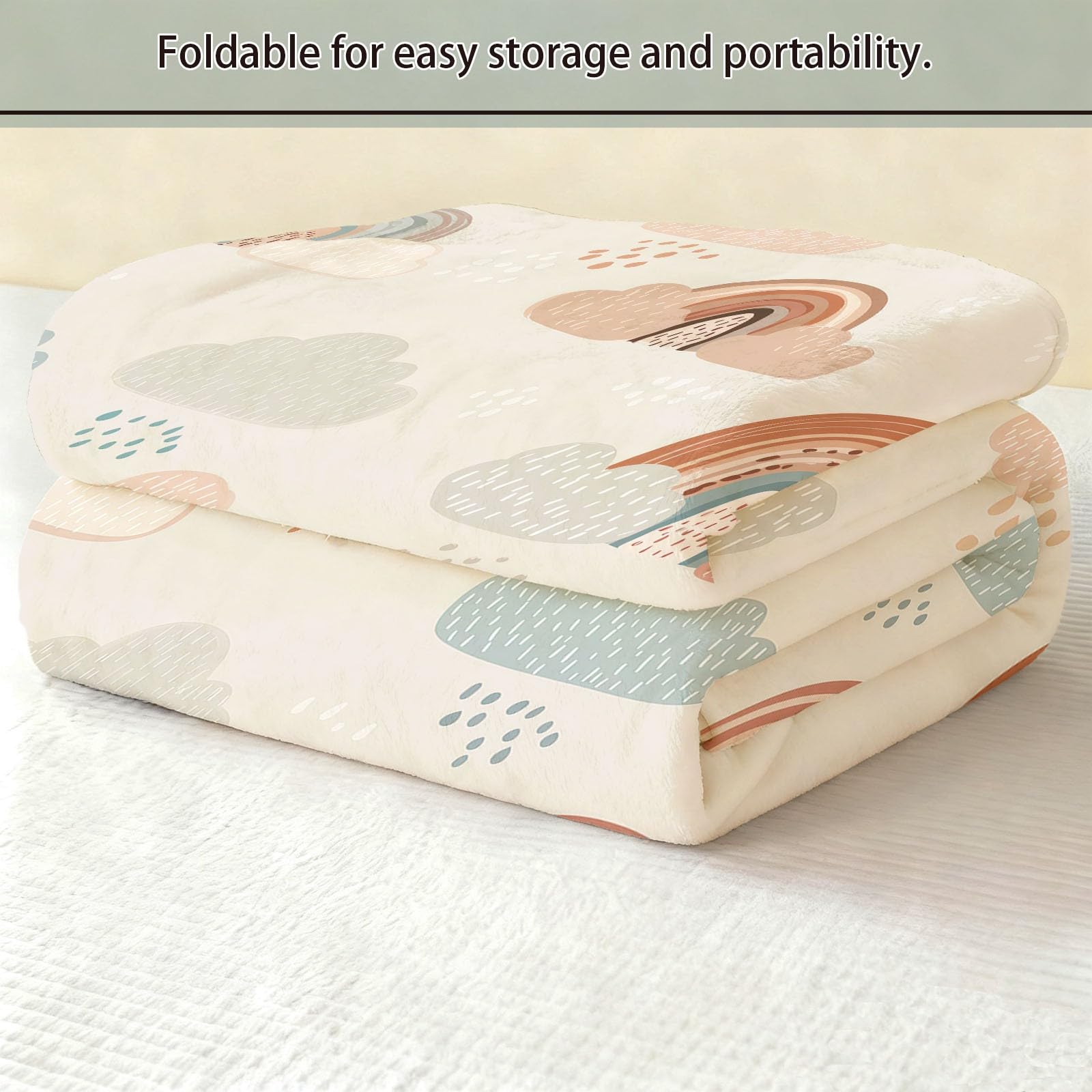 Manta de Franela Súper Suave 200 x 220 cm – Manta Cálida con Estampado de Minimalista Divertido Nubes, Ideal para Sofá Cama o Viaje Crema