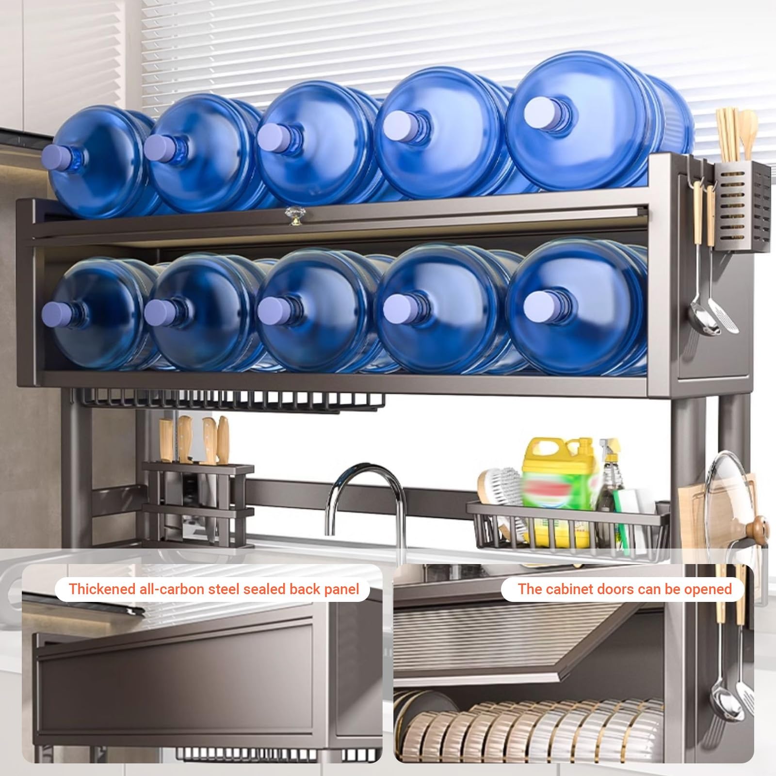Escurridor de platos grande sobre el fregadero, con puertas de armario a prueba de polvo para platos, vasos, cuencos, cubiertos