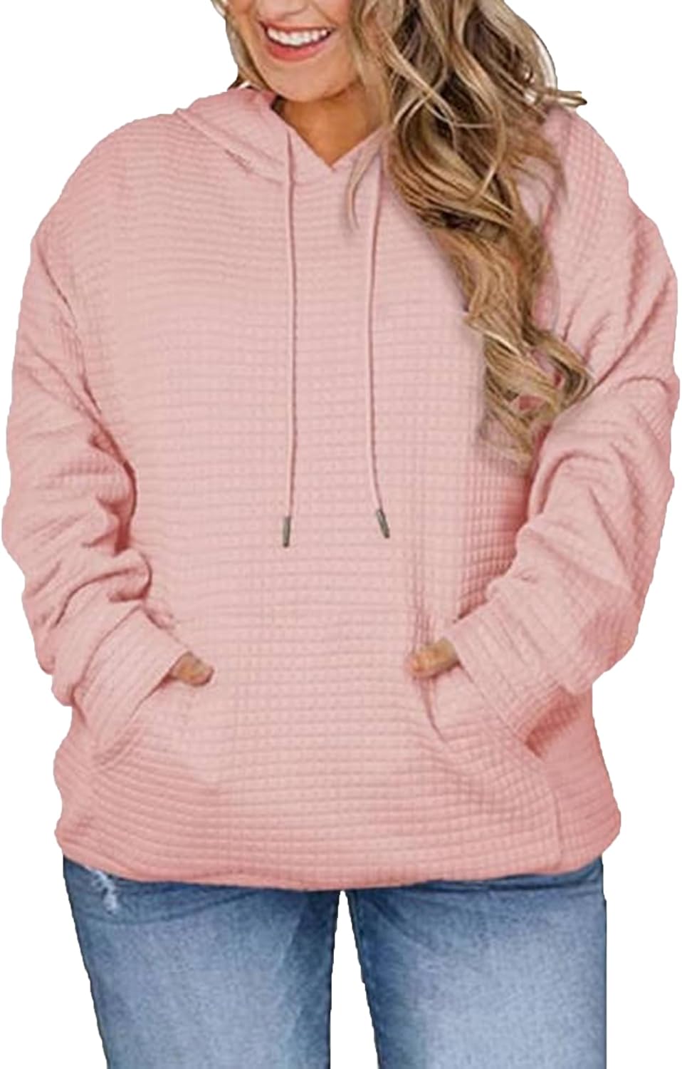 Womens Plus Size Tops Fashion 2026 Spring Hoodies Sweatshirts Drawstring Long Sleeve Waffle Knit Pullover Sweatshirt