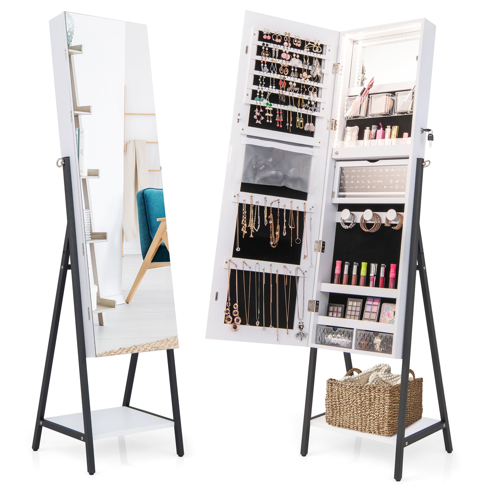 COSTWAY LED Full Length Mirror Jewelry Cabinet, Standing Jewelry Organizer Box with 3-Color Lights and Bottom Storage Shelf, Lockable Jewelry Armoire for Women Girls Bedroom (White)
