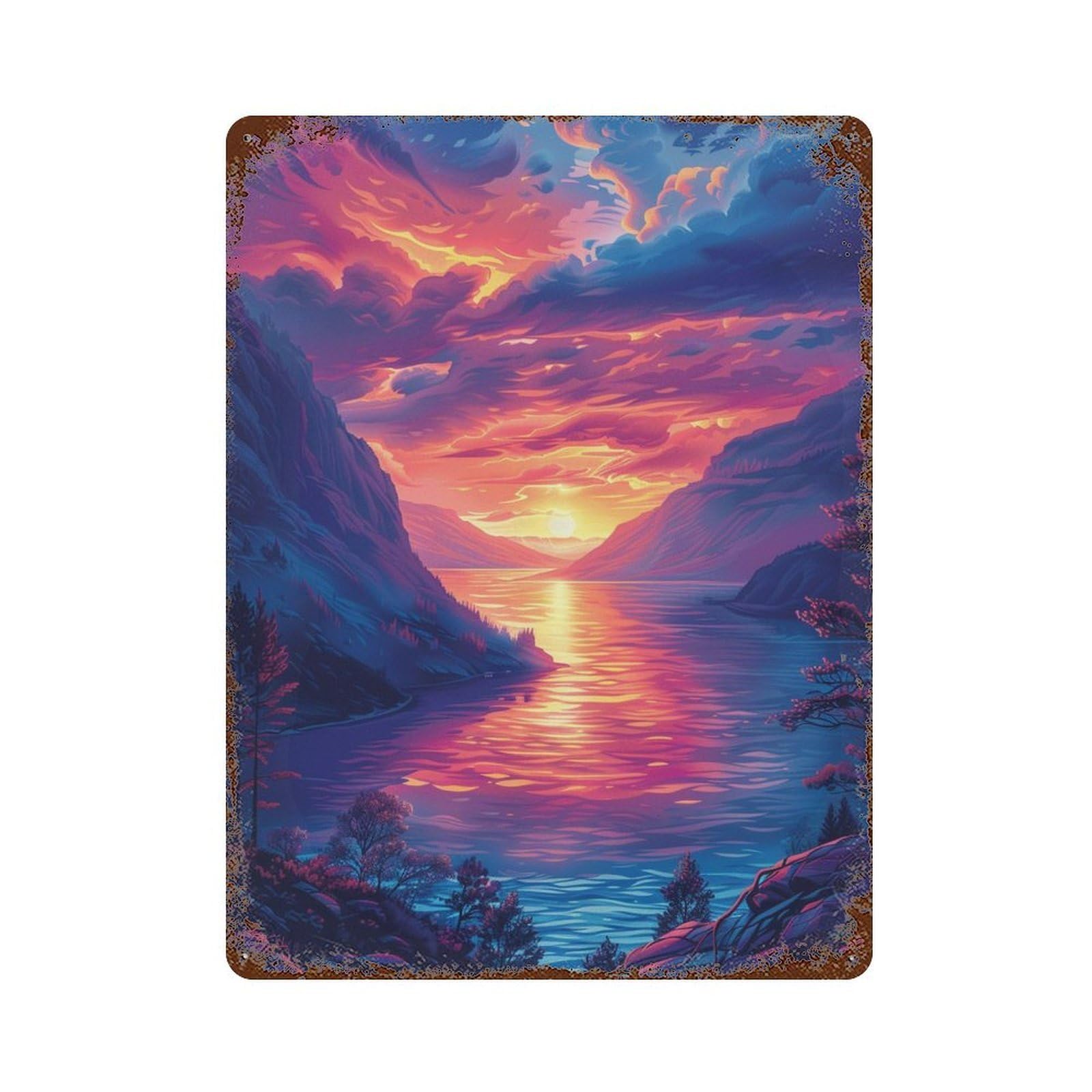 Garage Style Sunset Over Mountain Lake Distressed Metal Wall Sign 15.7"x11.8", Farmhouse Wall Decor for Bar And Workshop