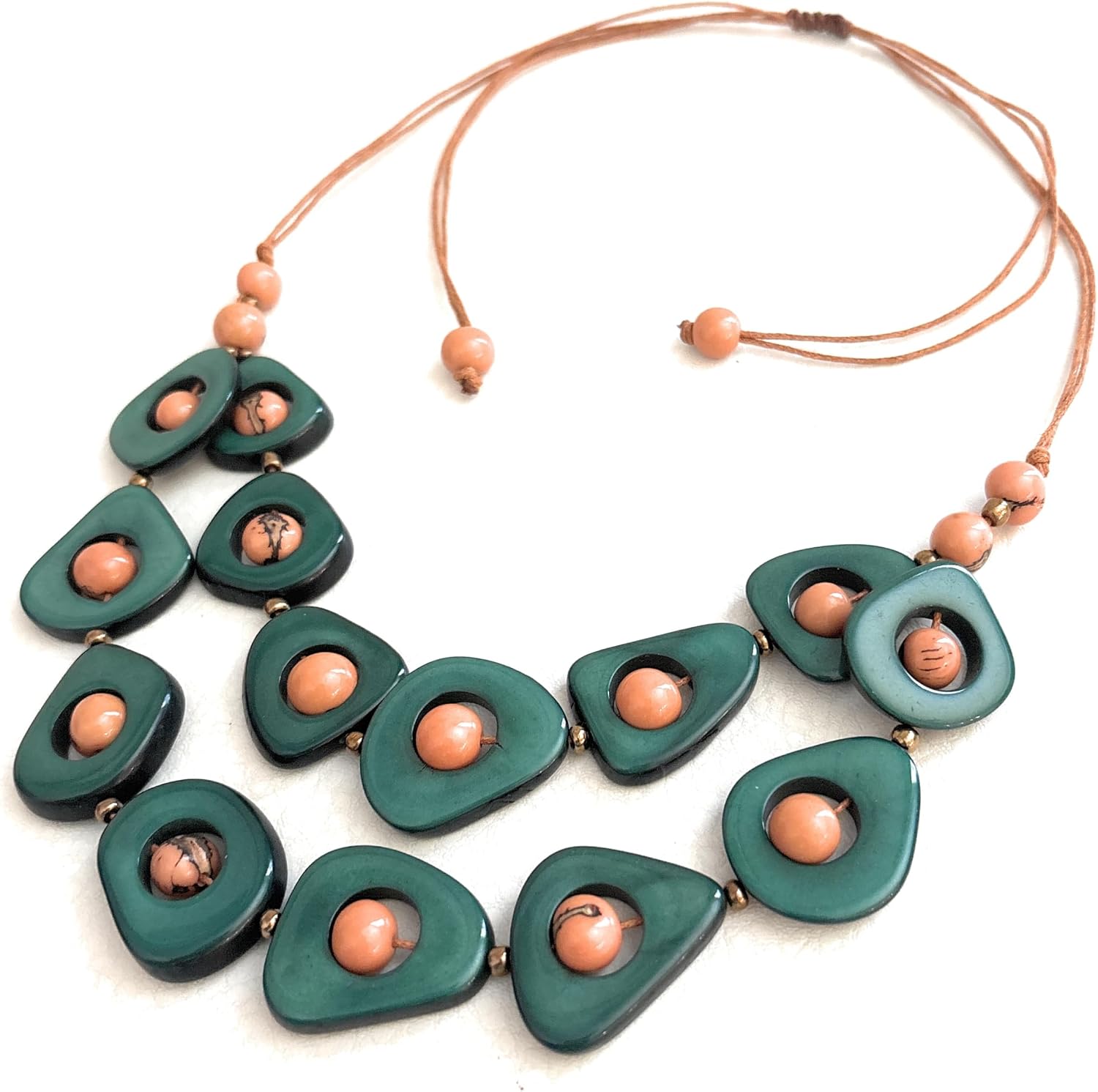 Tagua bib necklace and earrings in green, pink TAG786, 2 strand adjustable length green necklace, tagua nut jewelry