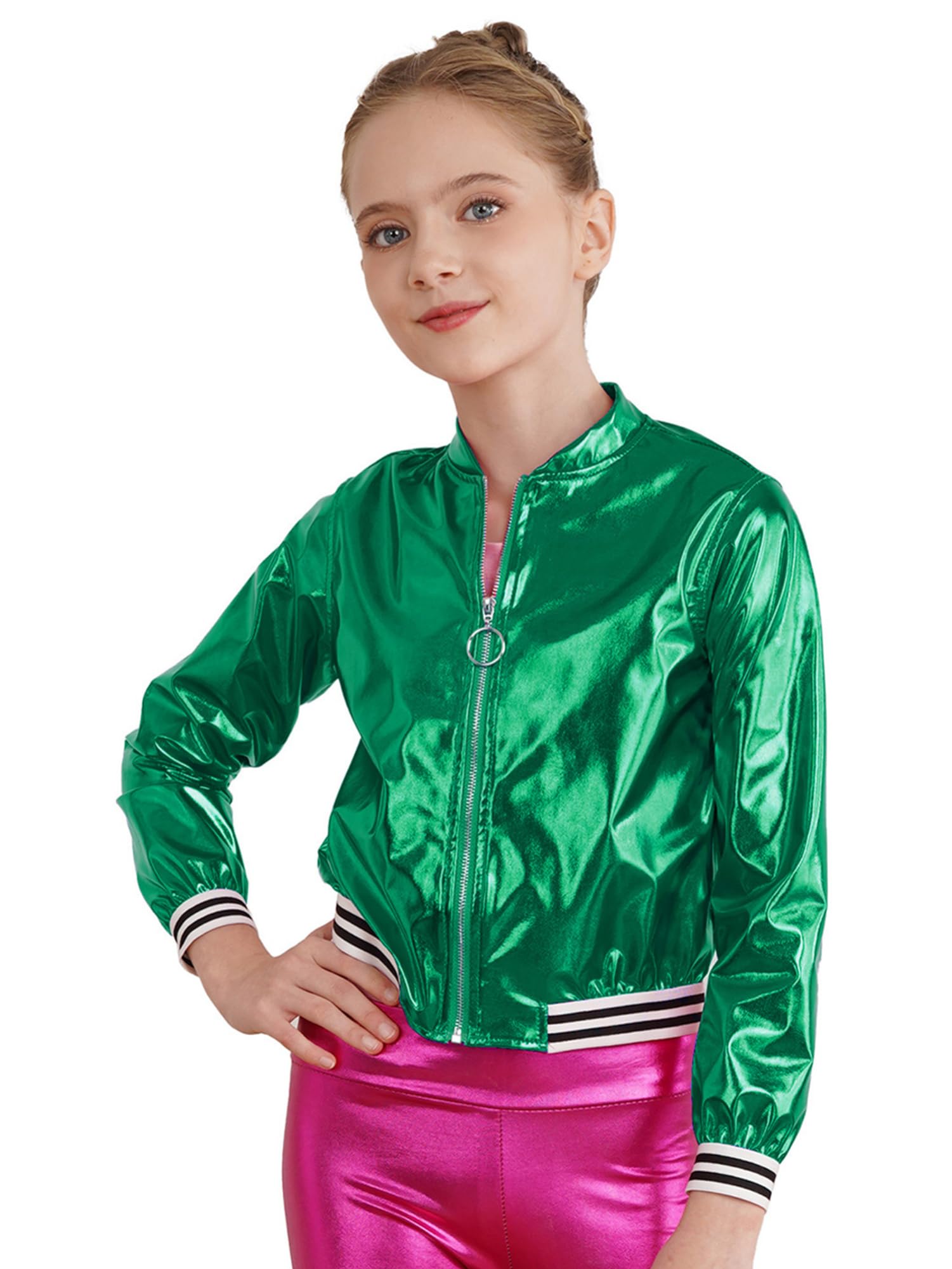 iEFiEL Dziecięca kurtka baseballowa dla chłopców i dziewczynek, krótka kurtka typu wetlook, kurtka z długim rękawem, bluza w stylu vintage, dyskoteka, kostium Y2K, na karnawał, Halloween, imprezę