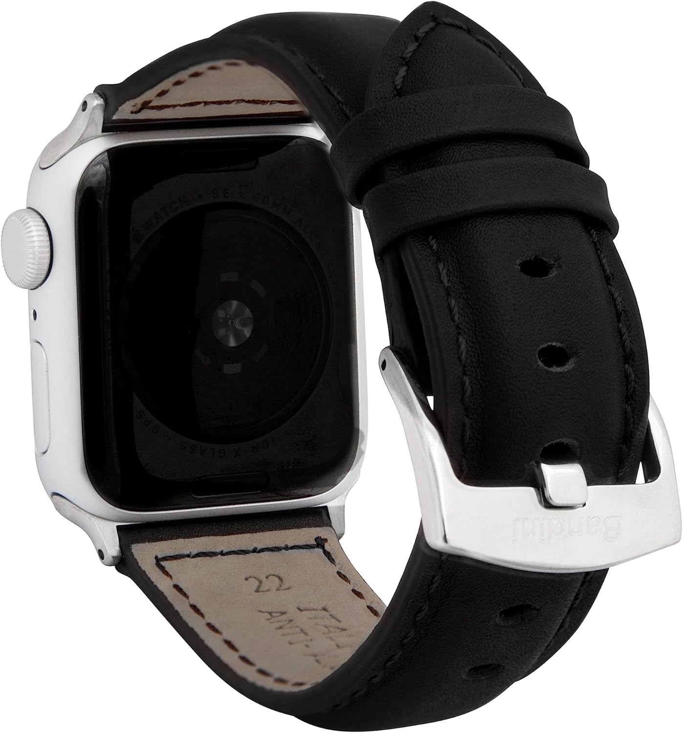 Bandini Mens Classic Leather Band for Apple Watch Band 46mm 45mm 42mm 44mm 41mm 40mm 38mm 49mm & Ultra 1 & 2, fits Apple Watch Series 11 10 9 8 7 6 5 4 3 SE, Extra Long XL, Black/Silver