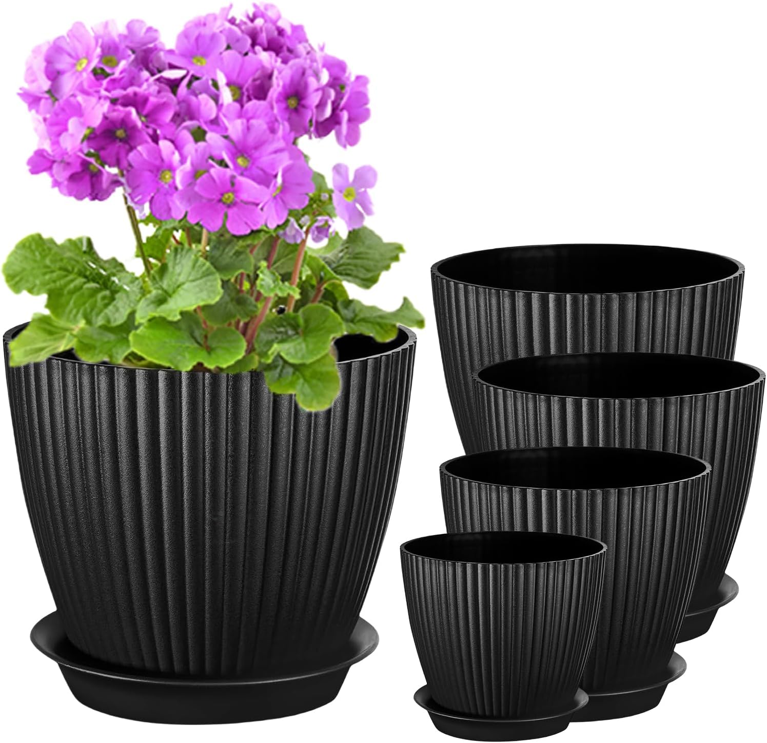 PROFIKLA 18/15/14/13/11.5cm Plastic Plant Pots, Pack of 5 Flower Pots, Plant Pots with Drainage Holes and Saucers, Modern Decorative Planters, Black