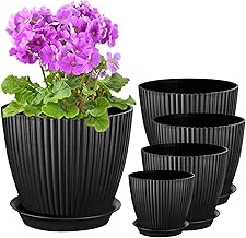 18/15/14/13/11.5cm Plastic Plant Pots, Pack of 5 Flower Pots, Plant Pots with Drainage Holes and Saucers, Modern Decorative Planters, Black