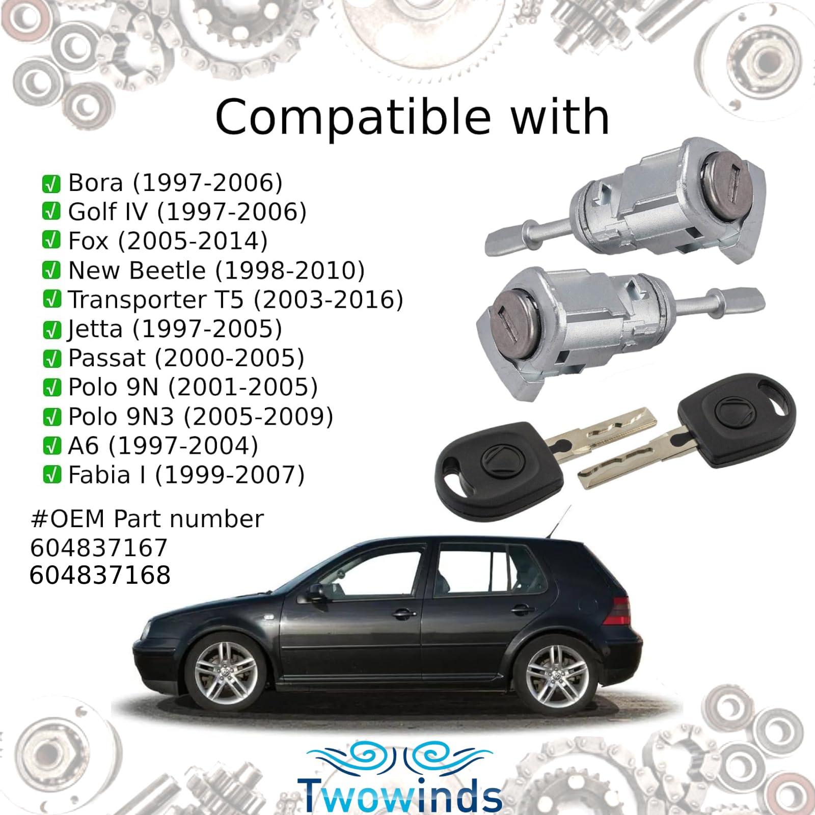 Twowinds - Cilindro Serratura 604837167 Compatibile con VW Bora 1J2, 1J6 (1997-2006) Golf 4 1J1, 1J5 (1997-2006) - Portiera Anteriore Destra e Sinistra - 604837168 - Serratura di Sicurezza e chiavi