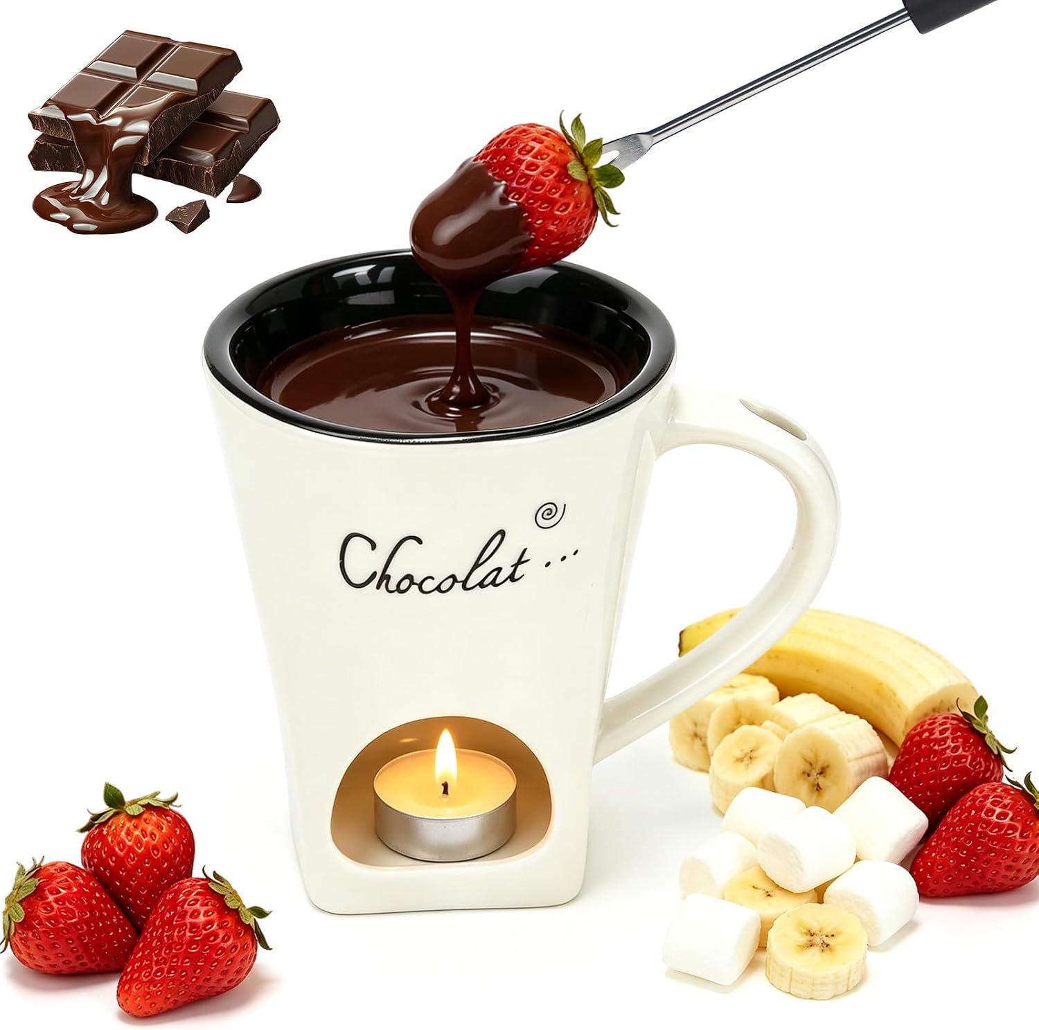 Chocolate Fondue Mug with Fork Sweet Ceramic Personal Chocolate Melting Cup Chocolate Fondue Mug Ideal Gifts for Birthday Date Night Birthday Wedding Gifts (Kiln Transformation)