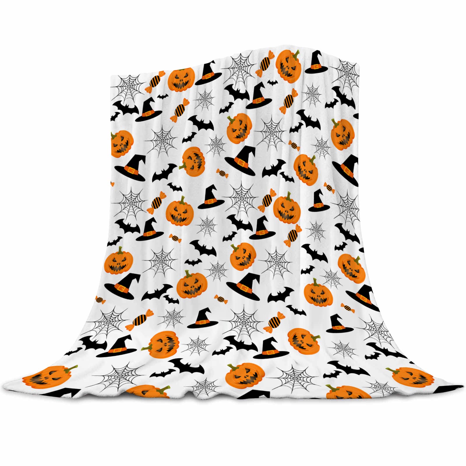 Abaysto Halloween Blanket Throw Pumpkin Spider Webs Candy and Black Cats Print on Fleece Flannel Blanket for Sofa Bed Couch Chair Halloween Decorations 130x150cm