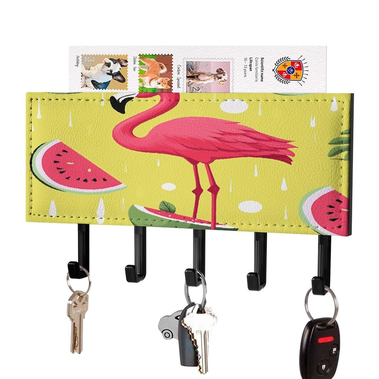 FekiLoot Pink Flamingo and Watermelon Key Holder for Wall Decorative Mail Organizer with 5 Key Hook Self Adhesive Key Rack with Tray Coat Rack Wall Mount Key Hanger Decor for Entryway Door