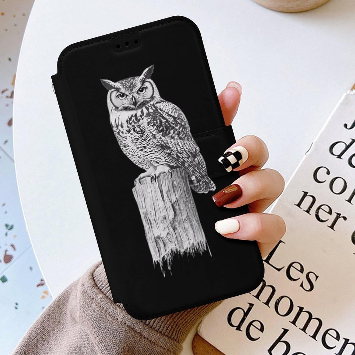 Hand-Drawn Owl Compatible with iPhone 16/16 Plus/16 Pro/16 Pro Max/16 E Case Phone Wallet Card Holder Flip Cover with Wrist Strap