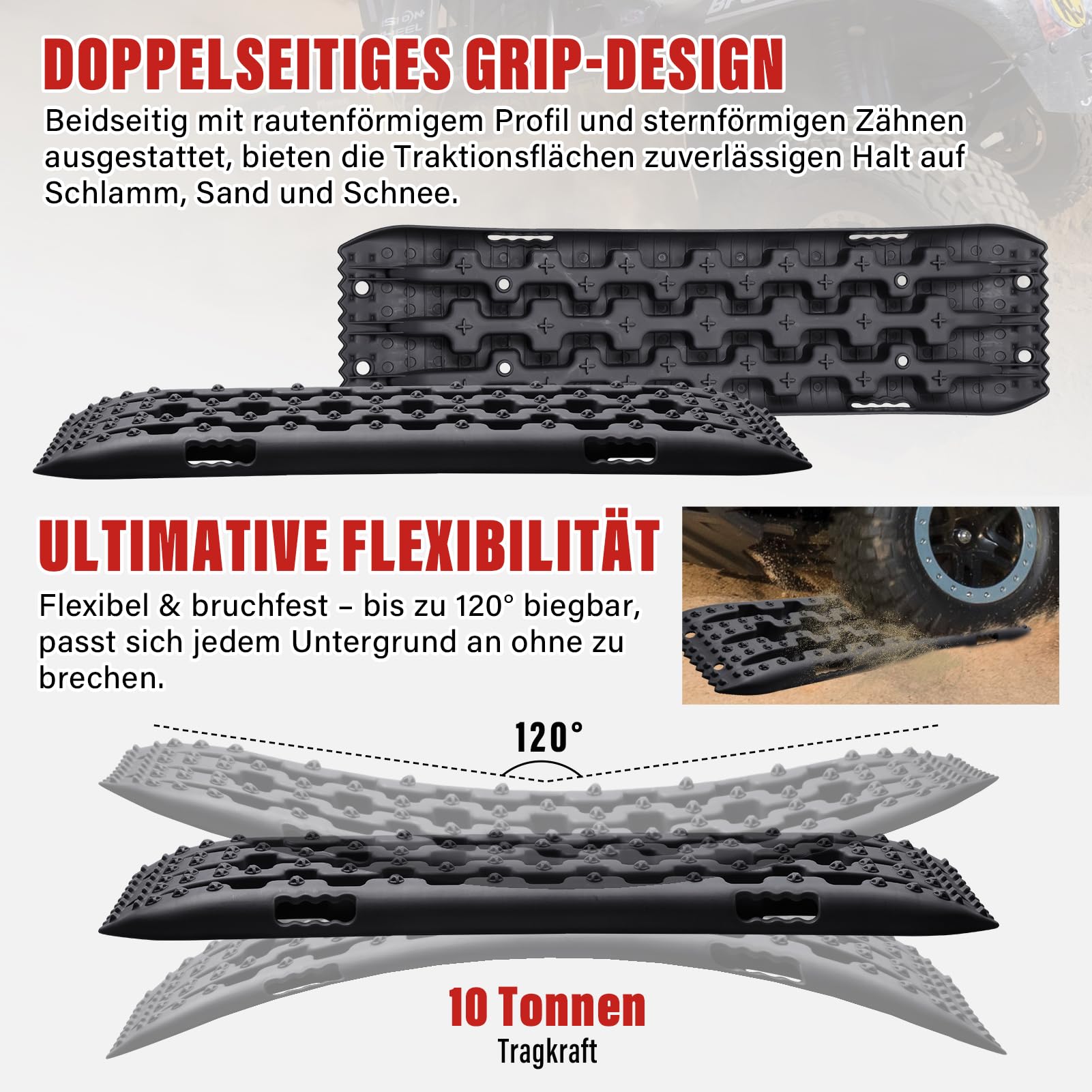 Sandbleche Offroad 2 Stück - 10-Tonnen-Nylon-Traktionsmatten Für Schnee & Schlamm | Anfahrhilfe | Tiefe Rillen & Antirutsch-Piksel | Kompatibel Mit, LKW & Geländewagen | Schwarz