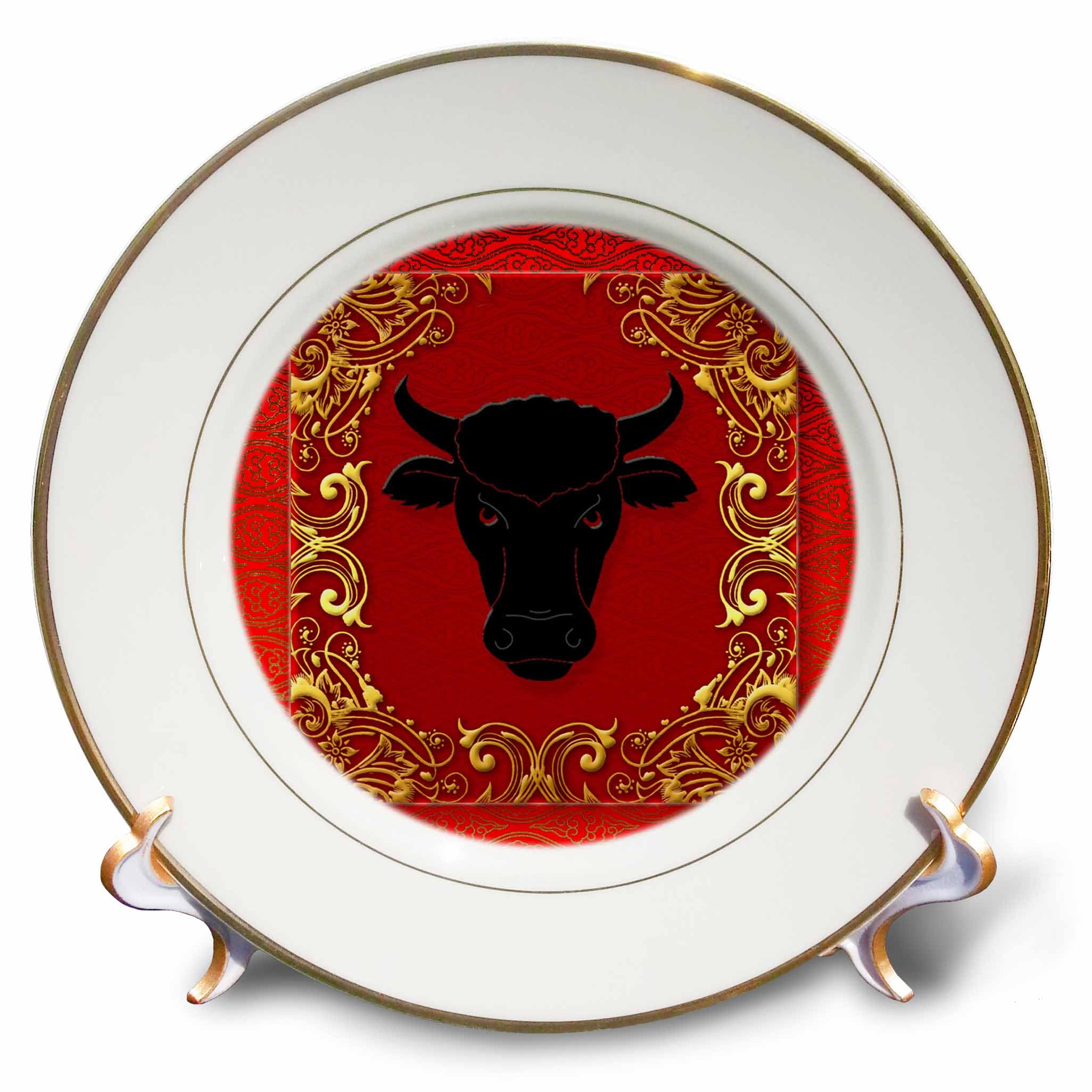 3dRose cp_101854_1 Chinese Zodiac Year of The Ox Chinese New Year Red, Gold and Black-Porcelain Plate, 8