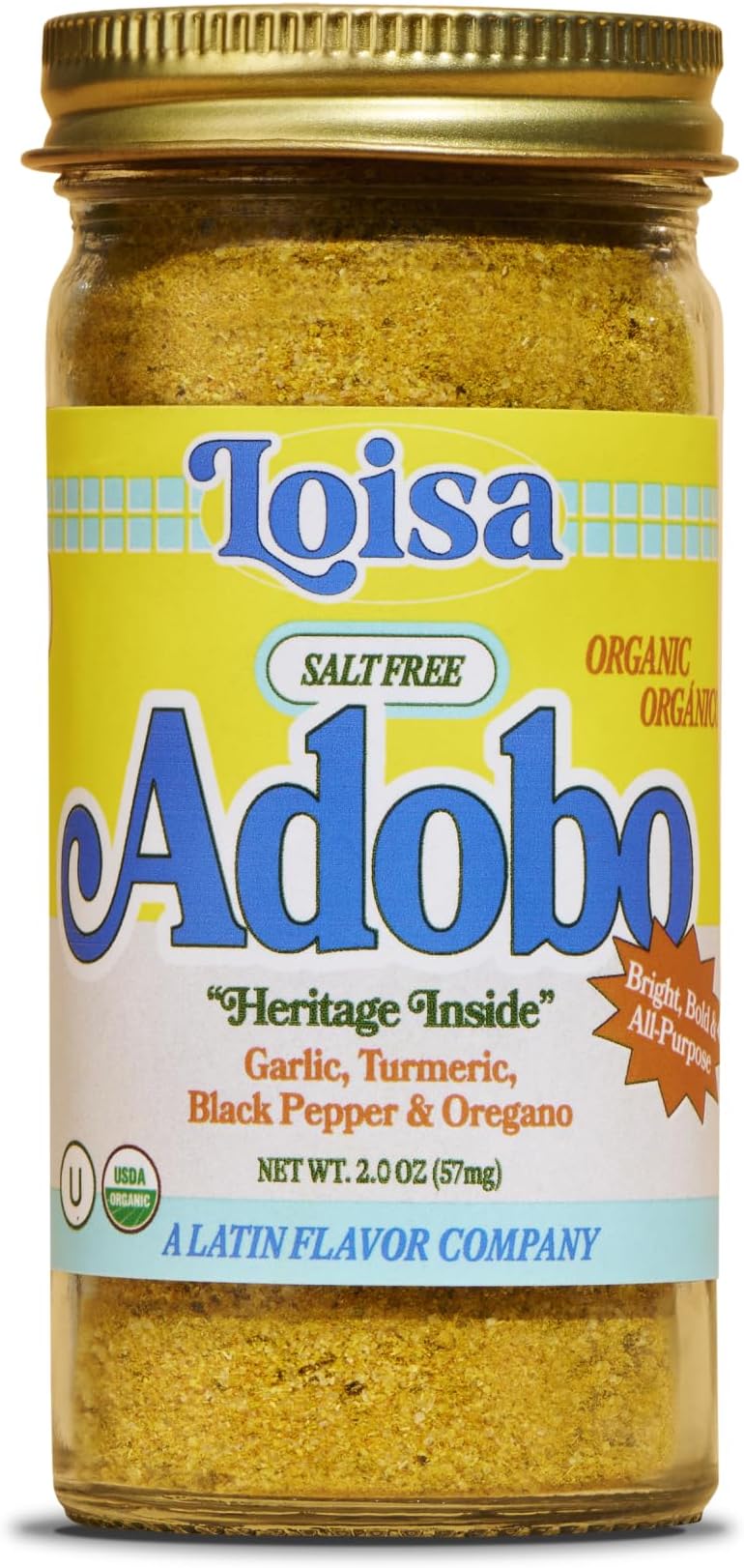 Loisa SALT-FREE Adobo Seasoning, USDA Organic, Non-GMO, No-MSG, No Preservatives, No Artificial Coloring, No Artificial Flavors, Pure Latin Flavor, 2 oz, Pack of 1