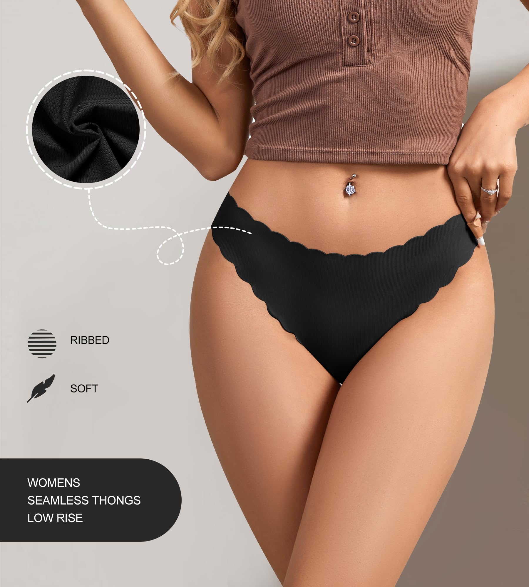 SHARICCA Lot de strings sans couture pour femme - Sous-vêtements doux côtelés invisibles - Bords ondulés