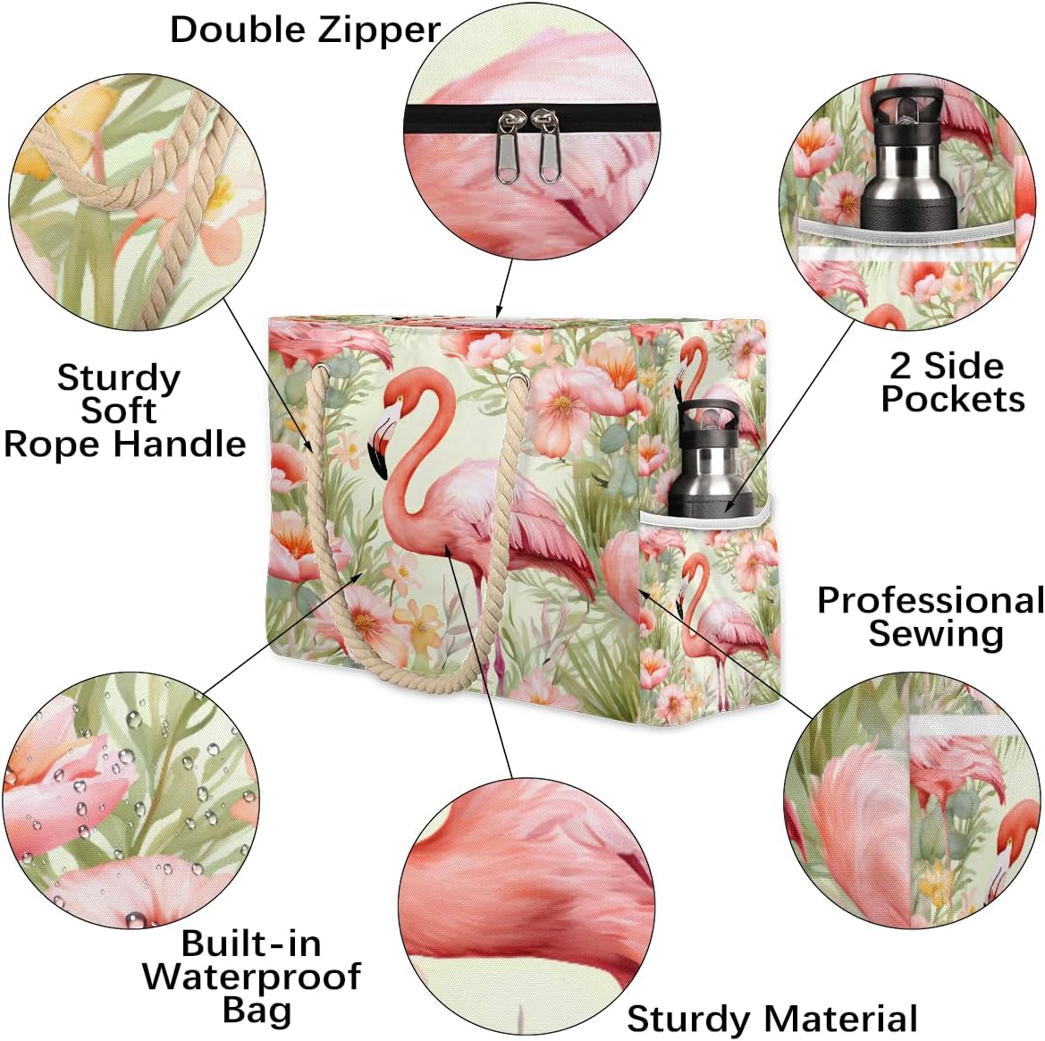 Daisy Pink Flamingo Beach Bags Waterproof Sandproof for Women, Large with Zipper Pool Beach Tote Reusable Grocery Shoulder Bag for Swim Travel Shopping Vacation Picnic