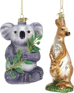 KA Soft Grey Goldtone Koala Kangaroo 5 inch Glass Decorative Hanging Christmas Ornament Set of 2