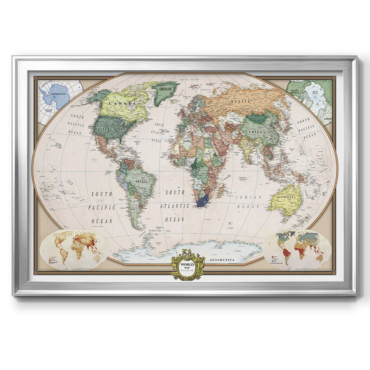 Renditions Gallery Colorful World Map Canvas Wall Art with Silver Frame Wall Hanging Travel Map with Push Pins for Living Room, Bedroom, Office Room