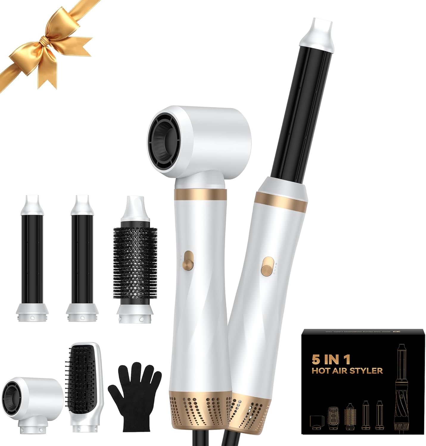 Hairstyler 5-in-1 with hot air brush, professional hair dryer brush, round brush, curling iron and straightening brush in 1000 W power and 3 temperature settings for volume, shiny hair, curls and soft