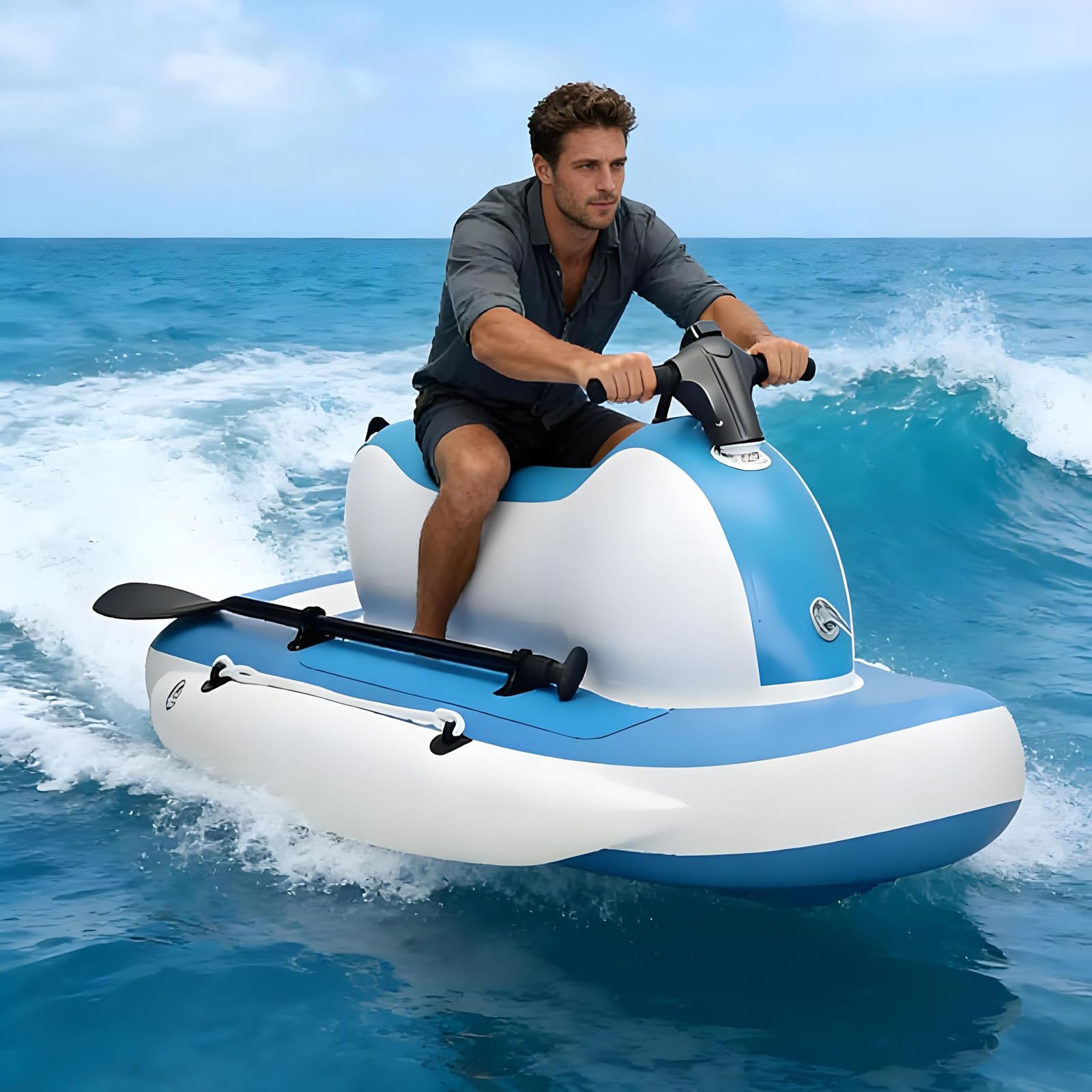 Motorized Inflatable Ride-On Watercraft Pool Float - Summer Electric Motor Boat Jet Ski Inflatable Foldable Boat with 700W Underwater Scooter, Drop-Stitch Sandwiched Material Boat+Thruster
