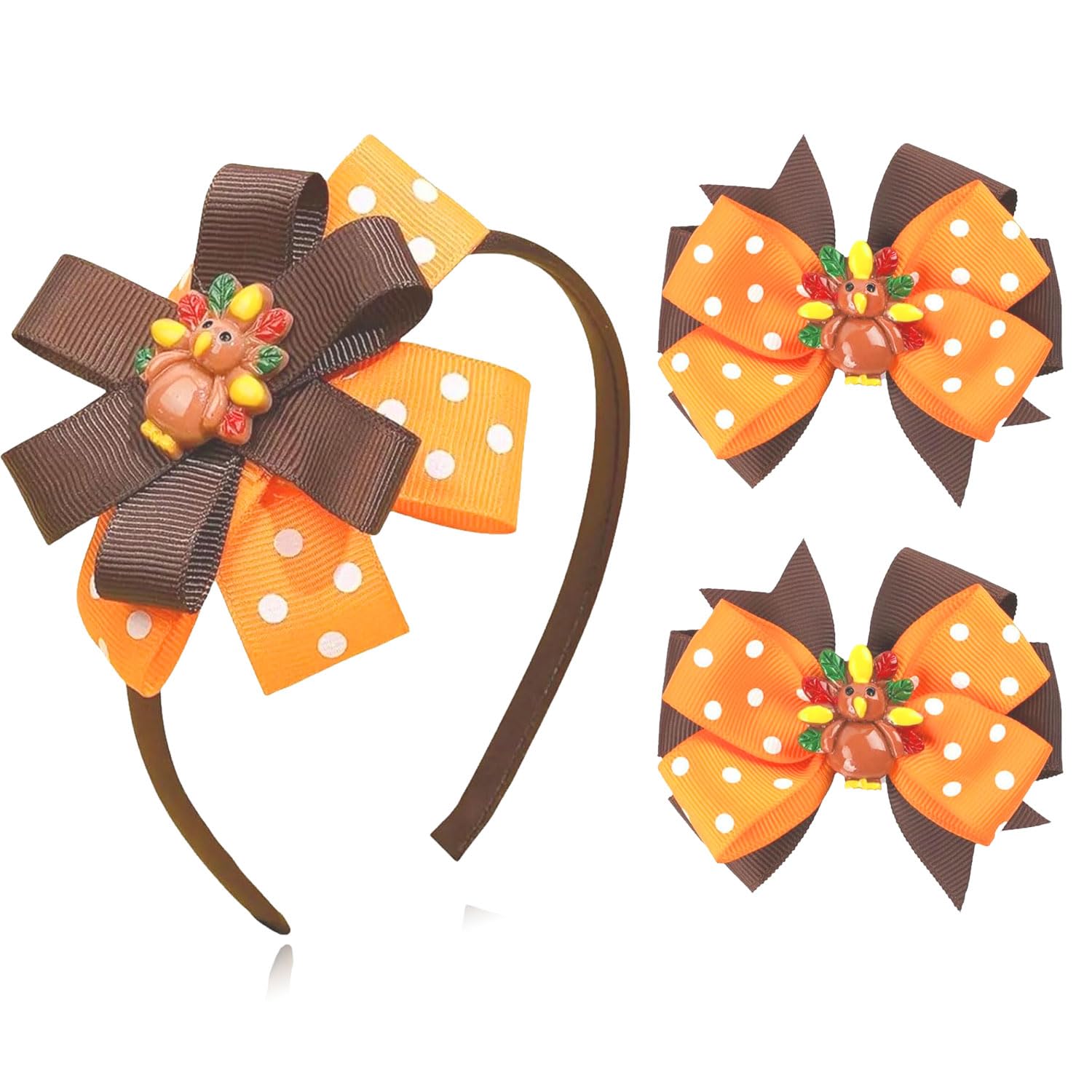 Pvoiue 3Pcs Fall Thanksgiving Bows Headband for Women Girls, Cute 3D Resin Turkey Double Bows Designs Fall Thanksgiving Hair Accessories Party